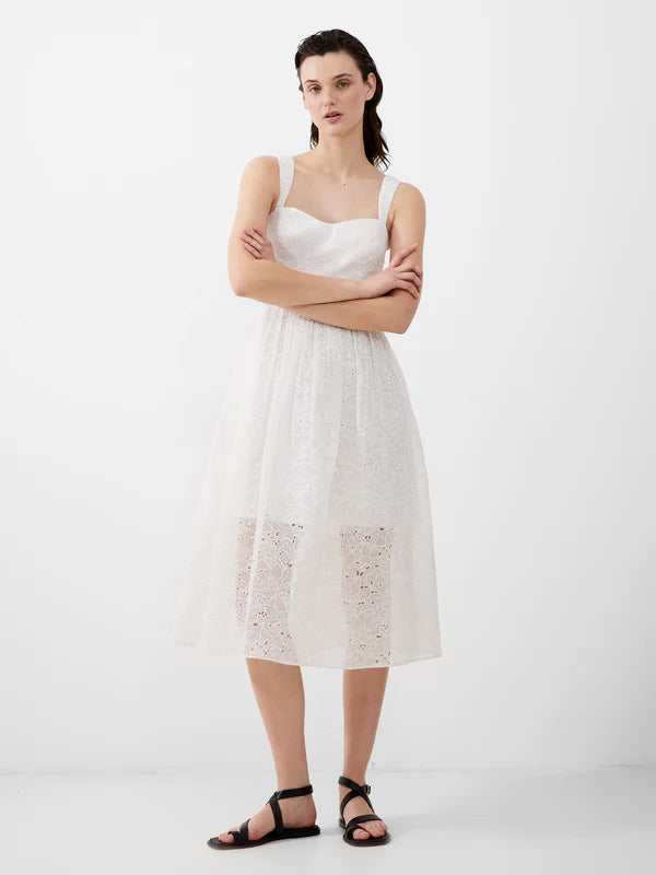 French Connection Embroidered Lace sweetheart Neck Sleeveless midi Dress, Womens, 2, Summer White