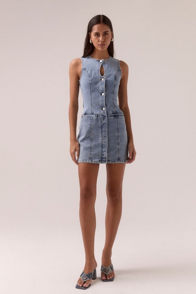 SOVERE Etch Denim Mini Dress in Denim-Light